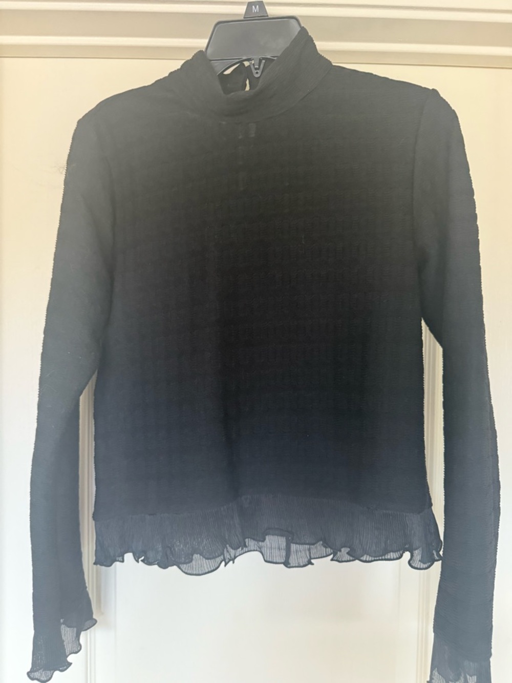 Anthropologie Black Long-Sleeve Mock Neck Ruffle Hem Top